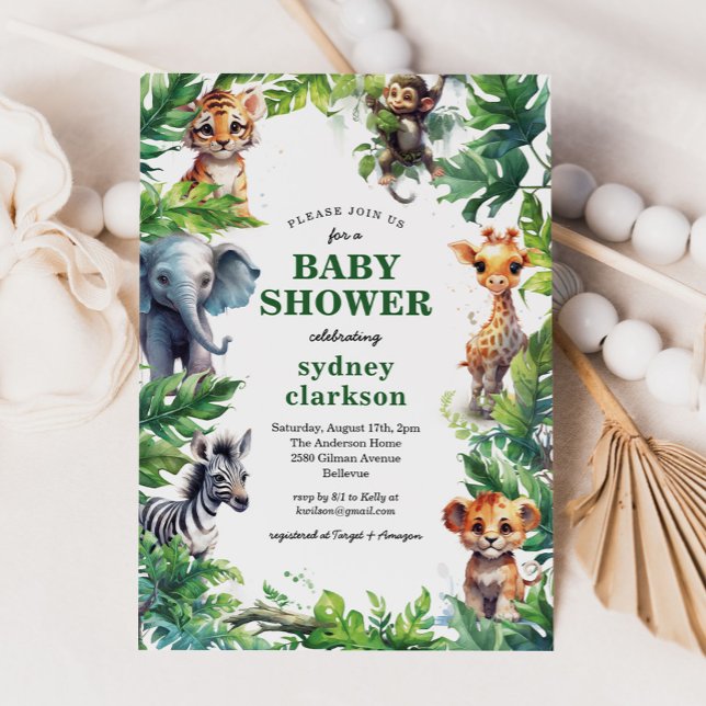 Cute Jungle Safari Tropical Animals Baby Shower Invitation (Creator Uploaded)