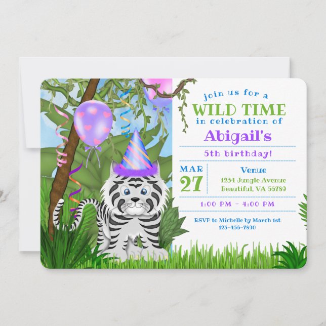 Cute Jungle White Tiger Kids Birthday Party Invitation (Front)