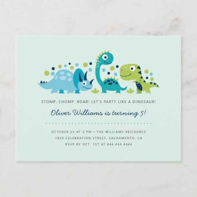 Cute Jurassic Dinosaurs Kids' Birthday Party Invitation Postcard (Front)