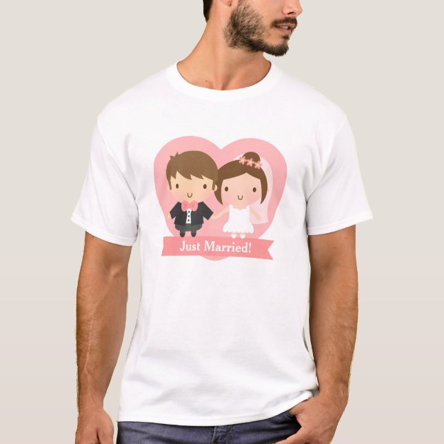 Cute Just Married Bride and Groom Couple T-Shirt (Front)