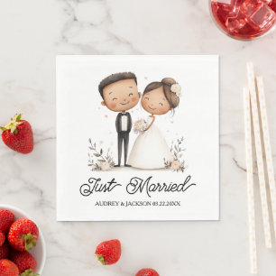 Cute Just Married Bride and Groom Wedding Napkin