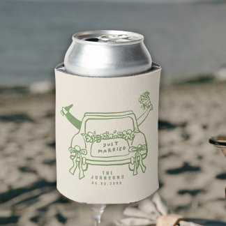Cute Just Married Car Illustration Wedding Can Cooler