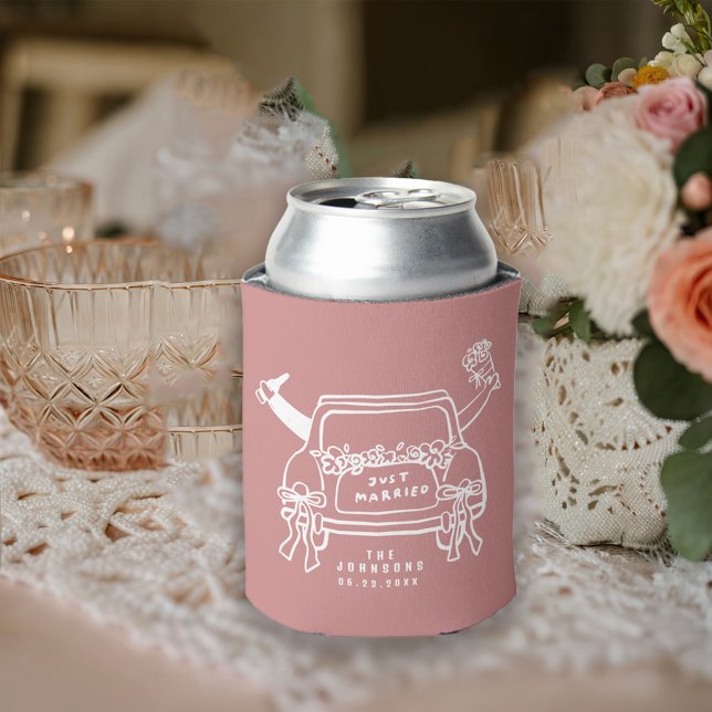 Cute Just Married Car Mauve Wedding Can Cooler (Creator Uploaded)