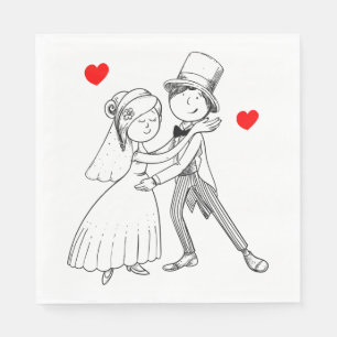 Cute Just Married Cartoon Bride Groom Red Wedding Napkin
