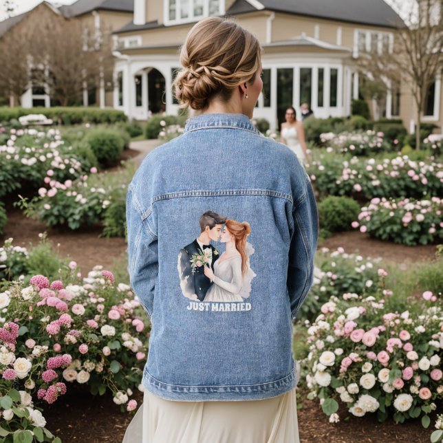 Cute just married couple add text Denim Jacket (Wedding Back)