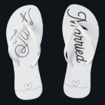 Cute Just Married Heart black script Jandals<br><div class="desc">Just Married Bride flip flops—a fun bridal gift for her. Modern black script font text decorated with a cute heart illustration. Simple elegant romantic black lettering. Order a pair for your honeymoon—let people know you just got married!</div>
