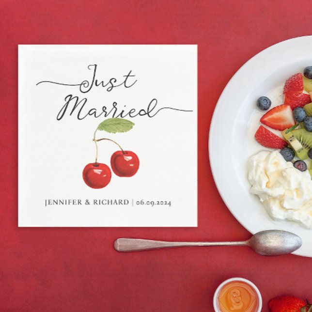 Cute Just Married Retro Red Cherries Wedding  Napkin (Creator Uploaded)