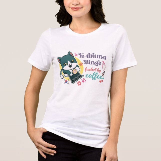Cute K-Drama Cat Coffee Lover Tri-Blend Shirt (Front)