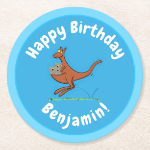 Cute kangaroo and koalas cartoon illustration round paper coaster