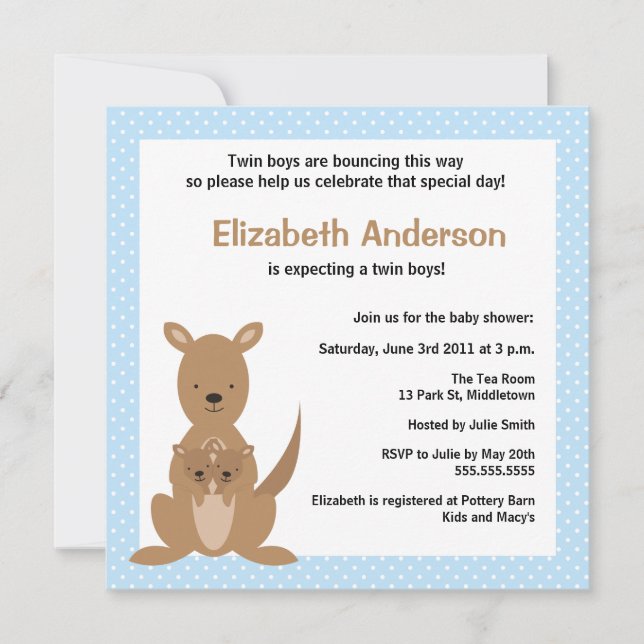 Cute Kangaroo Baby Shower Invitation - Twin Boys (Front)