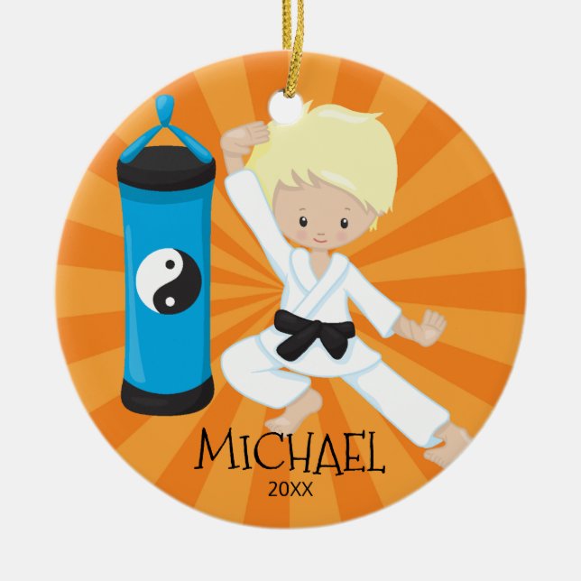 Cute Karate Boy Personalised Christmas Ornament (Front)