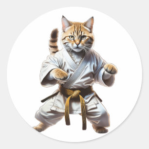 Cute Karate Cat Fighting Cartoon Illustration Grap Classic Round Sticker