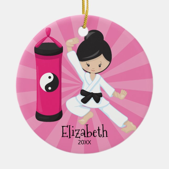 Cute Karate Girl Personalised Christmas Ornament (Front)
