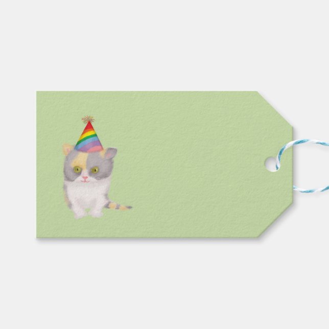 Cute Katie kitten green birthday gift tag (Front (Horizontal))