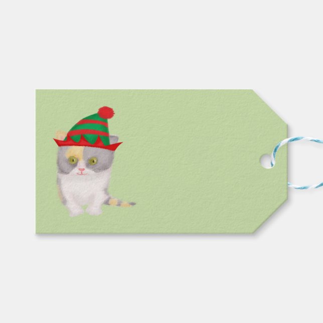 Cute Katie kitten green Christmas gift tag (Front (Horizontal))