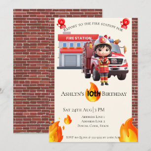 Cute Kawai Fire fighter Girl Theme Birthday  Invitation