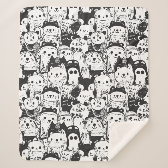 Cute Kawaii Animal Doodle Pattern (1) Sherpa Blanket (Front)