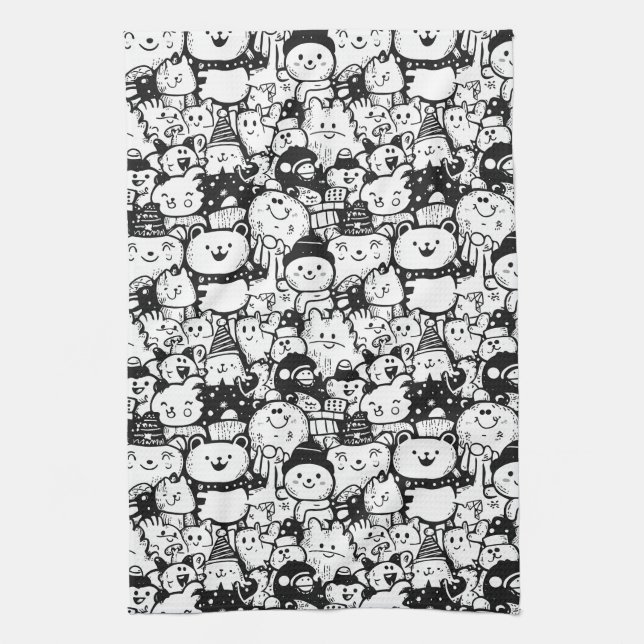 Cute Kawaii Animal Doodle Pattern (2) Tea Towel (Vertical)