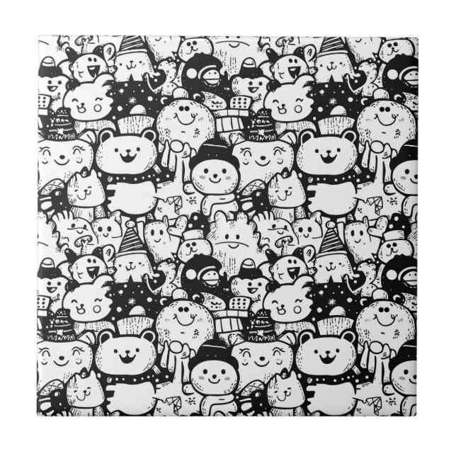 Cute Kawaii Animal Doodle Pattern (2) Tile (Front)