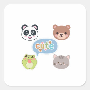 Cute Kawaii Animal Faces   Adorable Cartoon Design Square Sticker