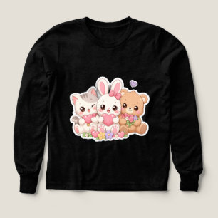 Cute Kawaii Animal Friends Hearts Flowers Pastel T