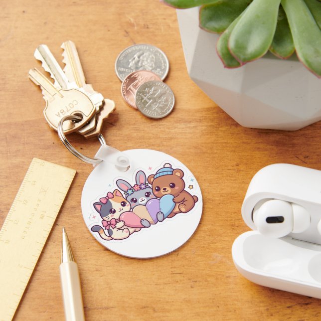 Cute Kawaii Animals Pastel Heart Keychain (Desk)