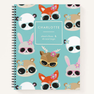 Cute Kawaii Animals Sunglasses Blue Name Drawing Notebook