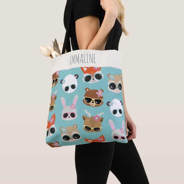 Cute Kawaii Animals Sunglasses Blue Personalised Tote Bag (Close Up)
