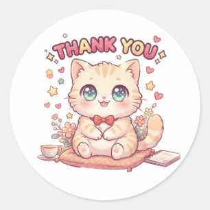 Cute Kawaii Anime Chibi Thank You Cat Classic Round Sticker