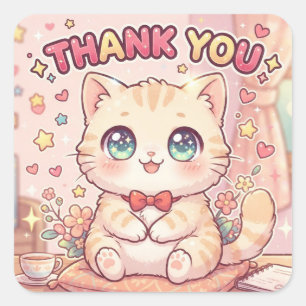 Cute Kawaii Anime Chibi Thank You Cat Square Sticker