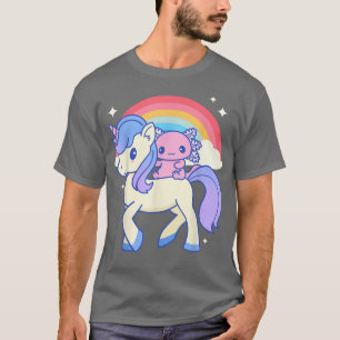 Cute Kawaii Aolotl On A Unicorn With Rainbow Anim T-Shirt