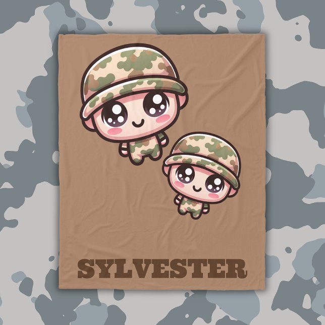 Cute Kawaii Army Camouflage Monogram on Brown | Fleece Blanket (Creator Uploaded)