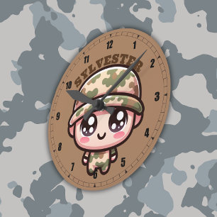 Cute Kawaii Army Camouflage Monogram on Brown Round Clock