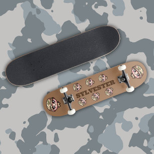 Cute Kawaii Army Camouflage Monogram on Brown   Skateboard