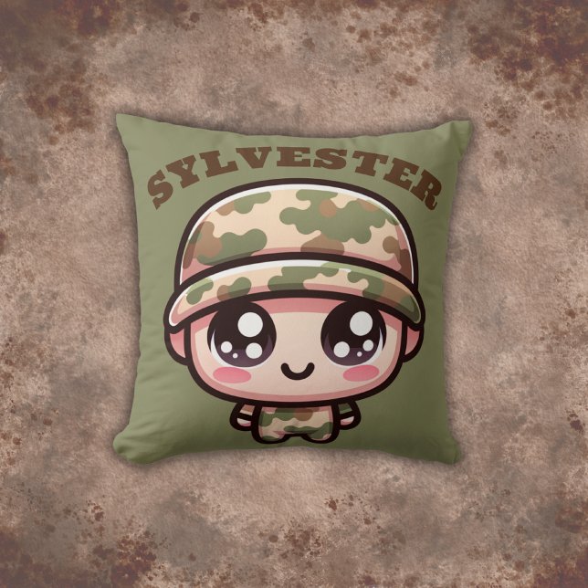 Cute Kawaii Army Camouflage Monogram on Green | Cushion (Creator Uploaded)