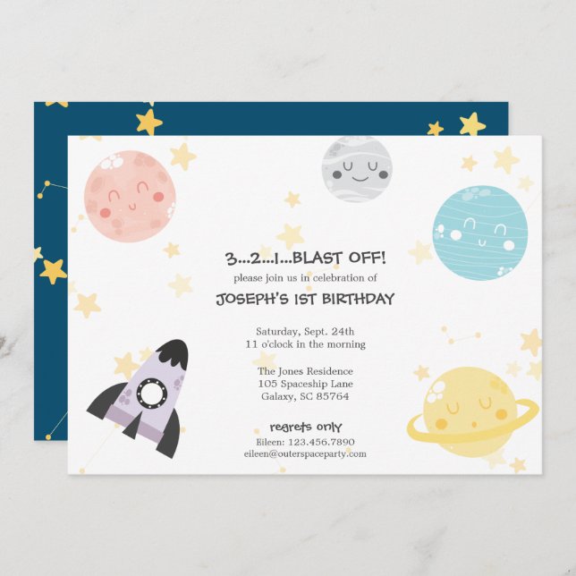 Cute Kawaii Astronomy Kid's Birthday Invitation (Front/Back)