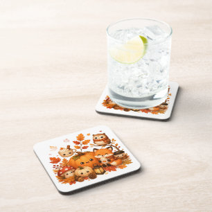 Cute Kawaii Autumn Pumpkin Fox Owl Fall Animals Coaster