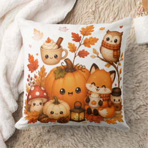 Cute Kawaii Autumn Pumpkin Fox Owl Fall Animals Cushion