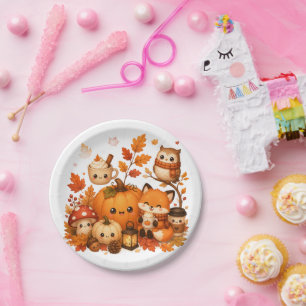 Cute Kawaii Autumn Pumpkin Fox Owl Fall Animals Paper Plate