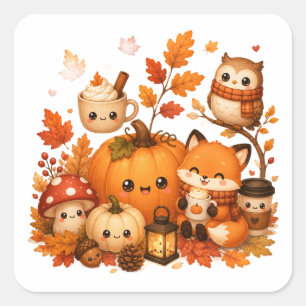 Cute Kawaii Autumn Pumpkin Fox Owl Fall Animals Square Sticker
