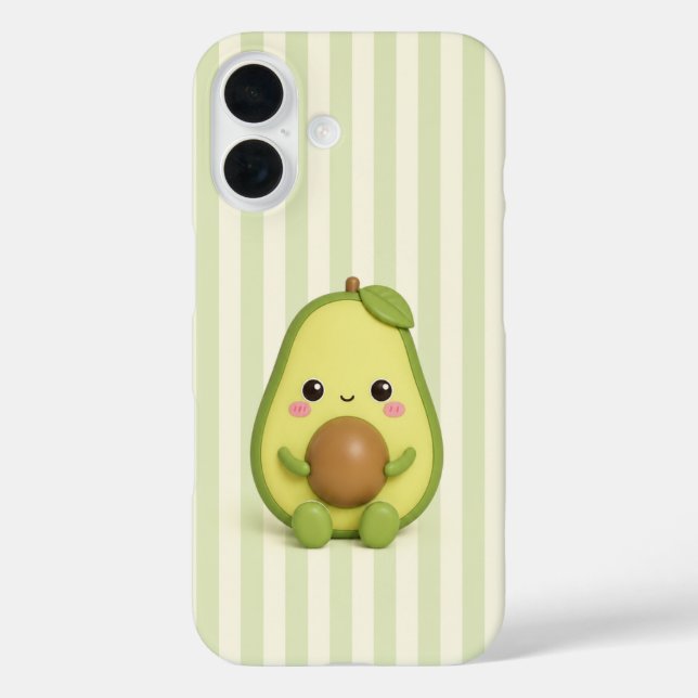 Cute Kawaii Avocado on Green Stripes Phone Case (Back)