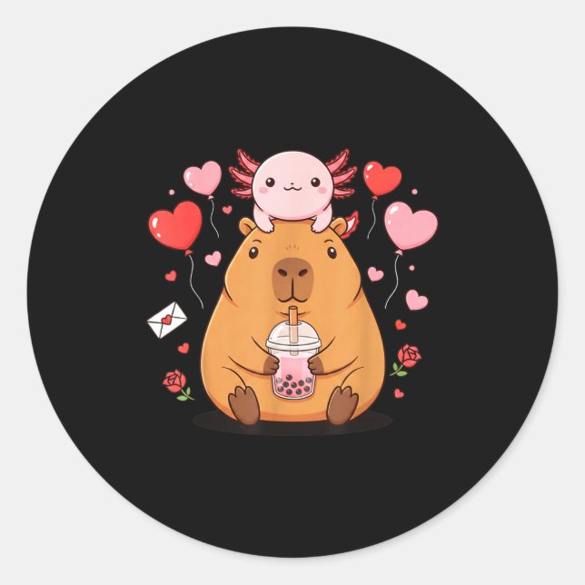 Cute Kawaii Axolotl Capybara Bubble Tea Boys Girls Classic Round Sticker (Front)