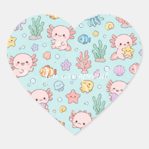 Cute Kawaii Axolotl Pattern Pink Pastel Vibes Heart Sticker