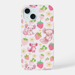 Cute Kawaii Axolotl & Strawberry Seamless Pattern iPhone 15 Case