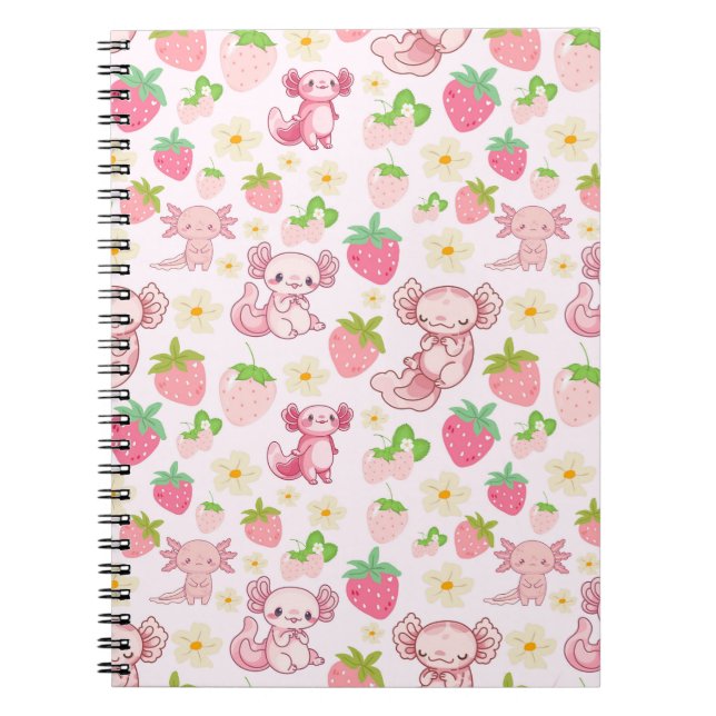 Cute Kawaii Axolotl & Strawberry Seamless Pattern Notebook (Front)