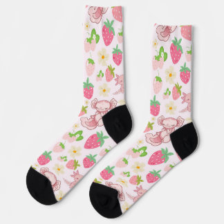 Cute Kawaii Axolotl & Strawberry Seamless Pattern Socks