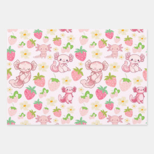 Cute Kawaii Axolotl & Strawberry Seamless Pattern Wrapping Paper Sheet