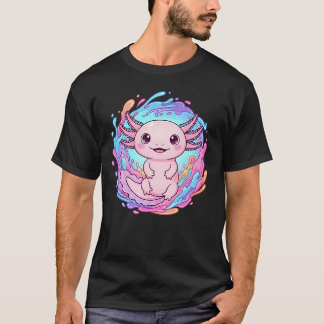 Cute Kawaii Axolotl Water Splash Art T-Shirt (Front)