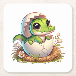 Cute Kawaii Baby Alligator Hatching Baby Shower Square Paper Coaster
