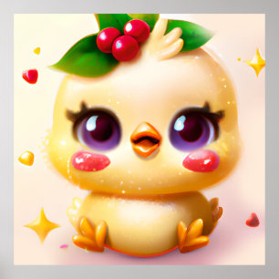 Cute Kawaii Baby Chicken with Holly Poster